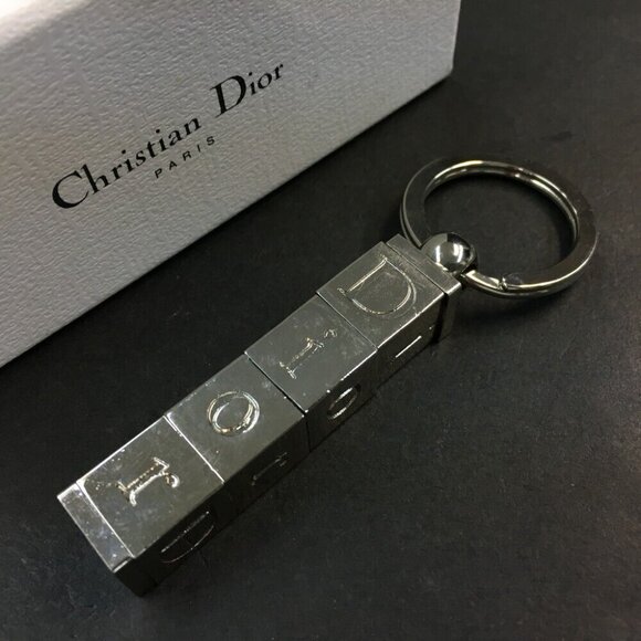 Christian Dior Logo Cube Motif Silver Tone Key Ring Charm - Picture 1 of 5